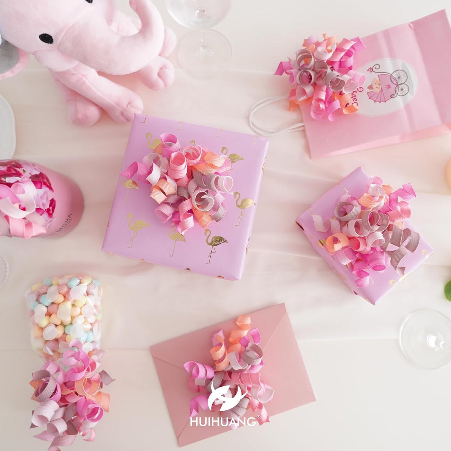 HUIHUANG Dusty Pink & Rose Bows for Gift Wrapping, Self-Adhesive Curly Ribbons for Presents, Wine Bottles, Treat Bags, Birthday & Wedding Favors - 6 Counts