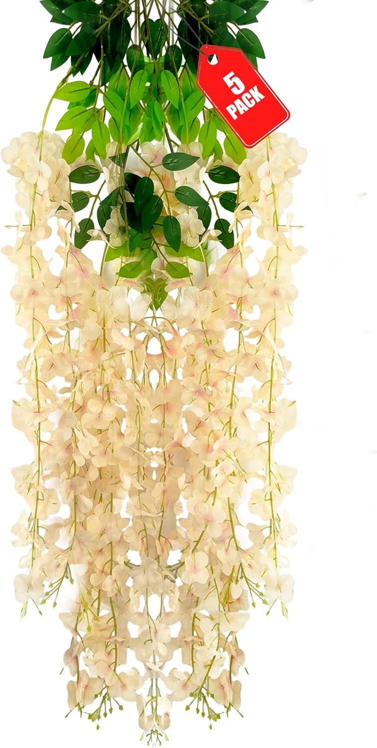 5 Pack Champagne Wisteria Hanging Flowers, 3.44 Ft Fake Hanging Flowers, Artificial Wisteria Garland Vines for Wedding Room Backdrop Outdoor Patio Garden Decoration