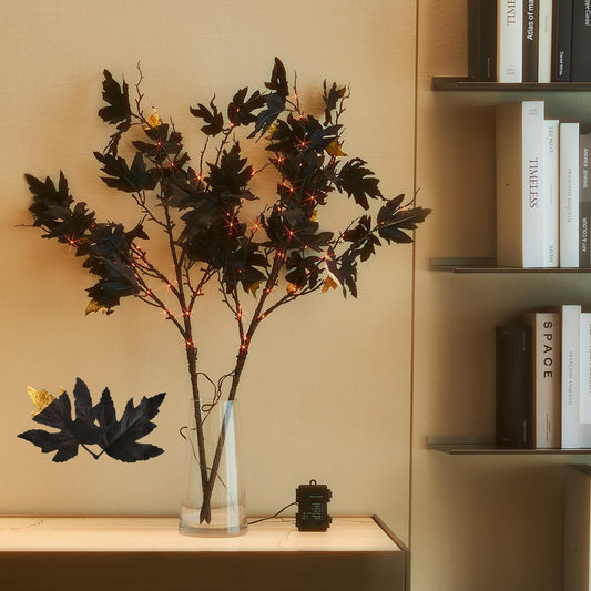 Fudios Halloween Black Branch Lights with Maple Leaves 120LED 32IN Battery Operated Thanksgiving Indoor Artificial Lighted Twig Branches with Timer Warm White and Orange Lights