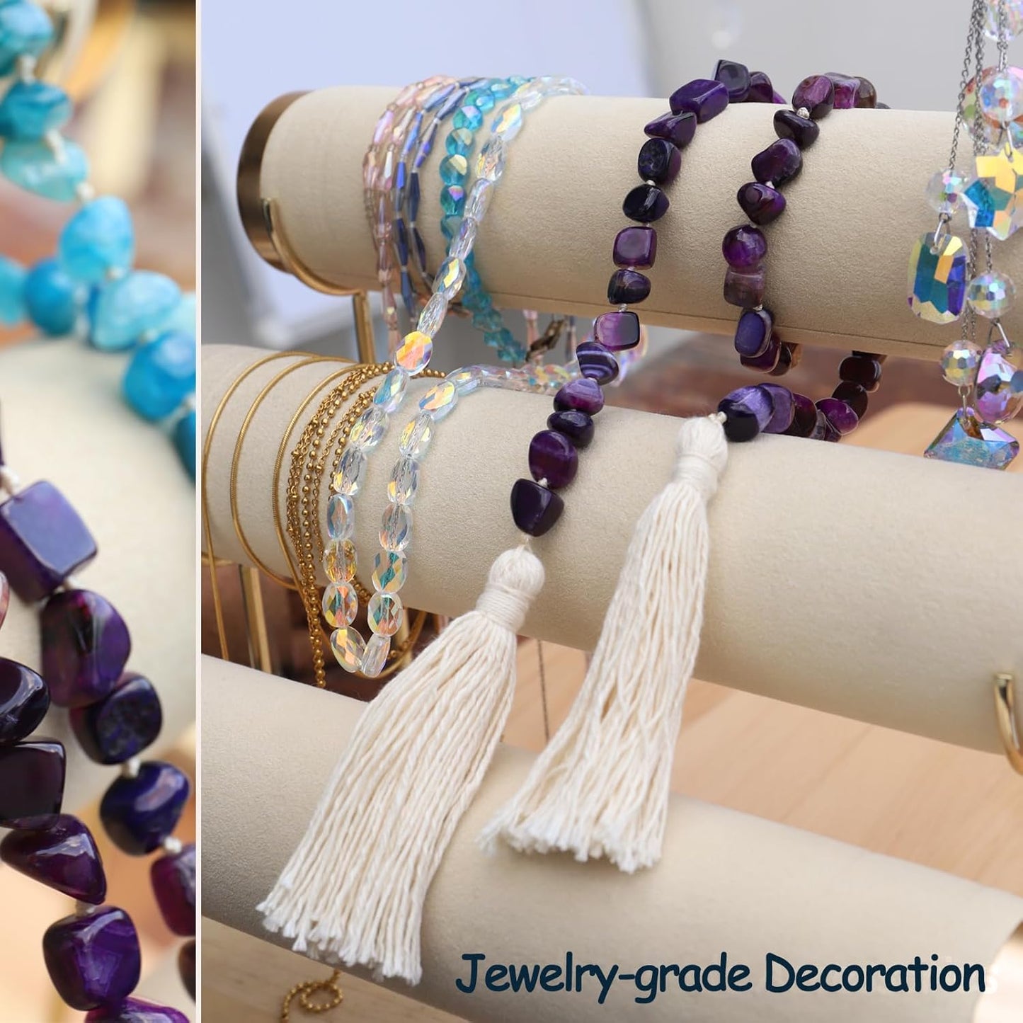 Agate Stone Hand Knotted Garland Modern Farmhouse Rustic Table Home Decor, 30inch Meditation Accessories with Tassel, Prayer Healing Beads Boho Wall Shelf Hanging Decoration (Deep Purple)