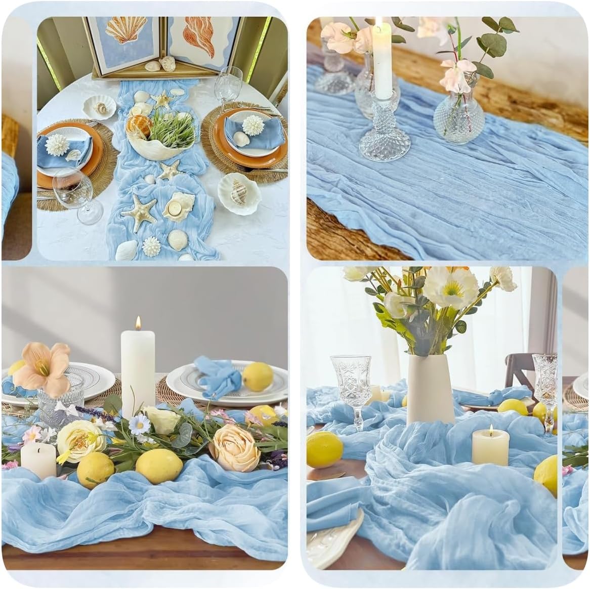 6 Pack Baby Blue Cheesecloth Table Runner 23x120 inch Rustic Boho Gauze Table Runner 10 FT Long Sheer Cheese Cloth Fabric Table Runners for Romantic Wedding Bridal Shower Birthday Party Decor