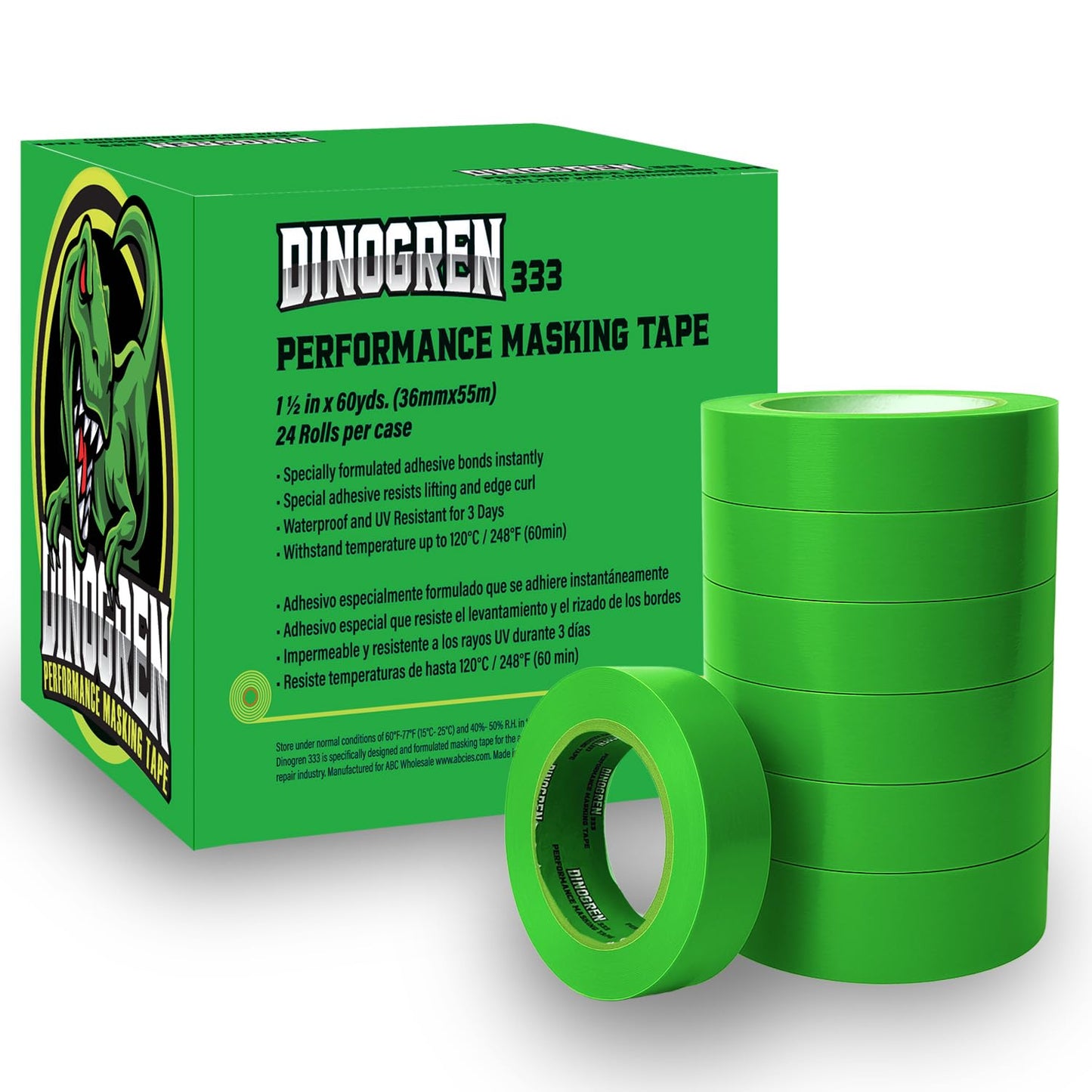 DINOGREN High Performance Automotive Masking Tape – 1.5 Inch x 60 Yards (24 Rolls) – Green Tape for Car Paint, Auto Body, Heat & Water Resistant, Clean Removal, Industrial-Grade Multipurpose Adhesive