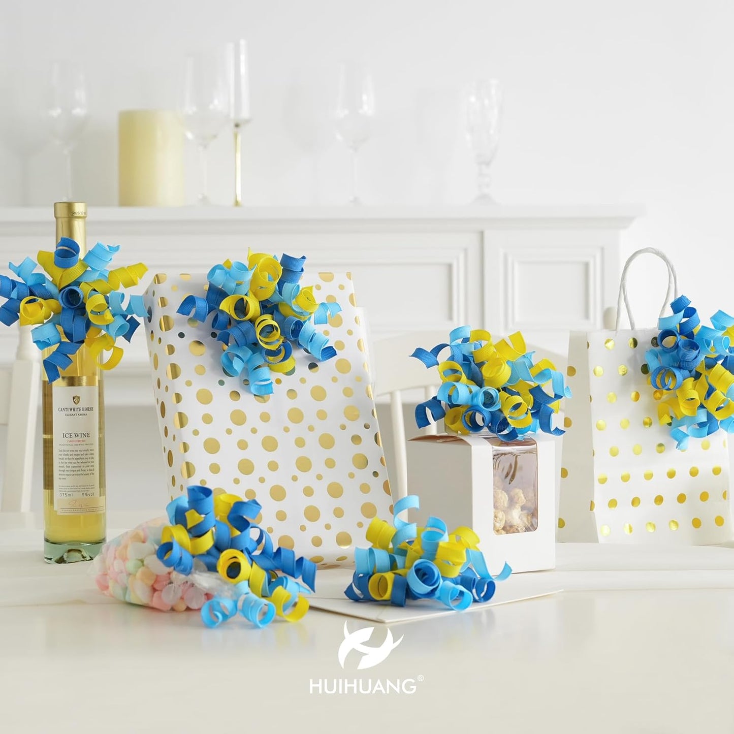 HUIHUANG Baby Shower Bows for Gift Wrapping, Curly Ribbon Bows Self Adhesive Burst Gift Bow for Baby Birthday, Baby Boy Shower Party Favors, Wine Bottle, Treat Bags- 6 Counts