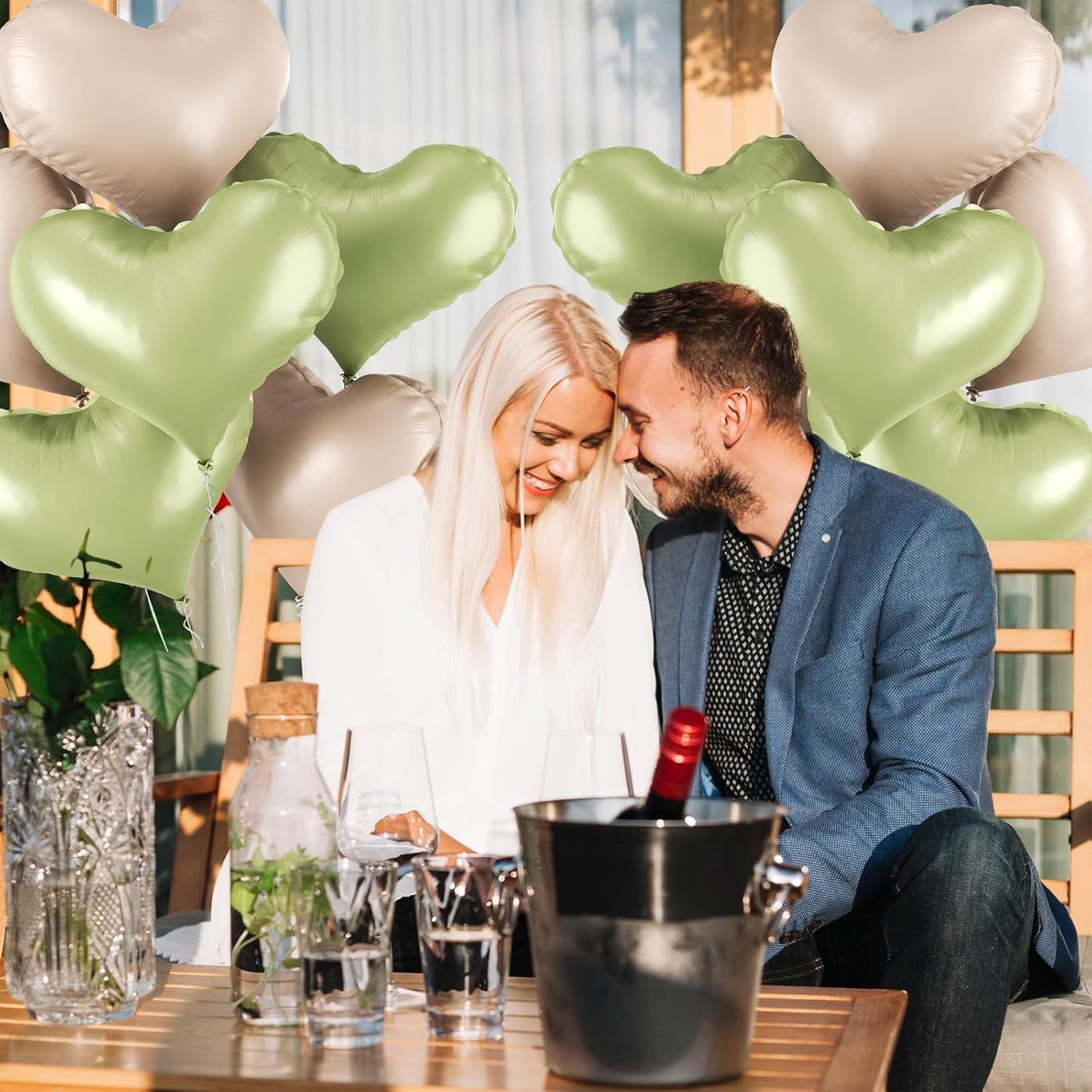 24 Inch Green and White Heart Balloons, Light Green Heart Shaped Foil Balloons, Cream White Helium Balloon for Boho Jungle Wedding Valentines Day Bridal Shower Anniversary Wedding Birthday Decorations