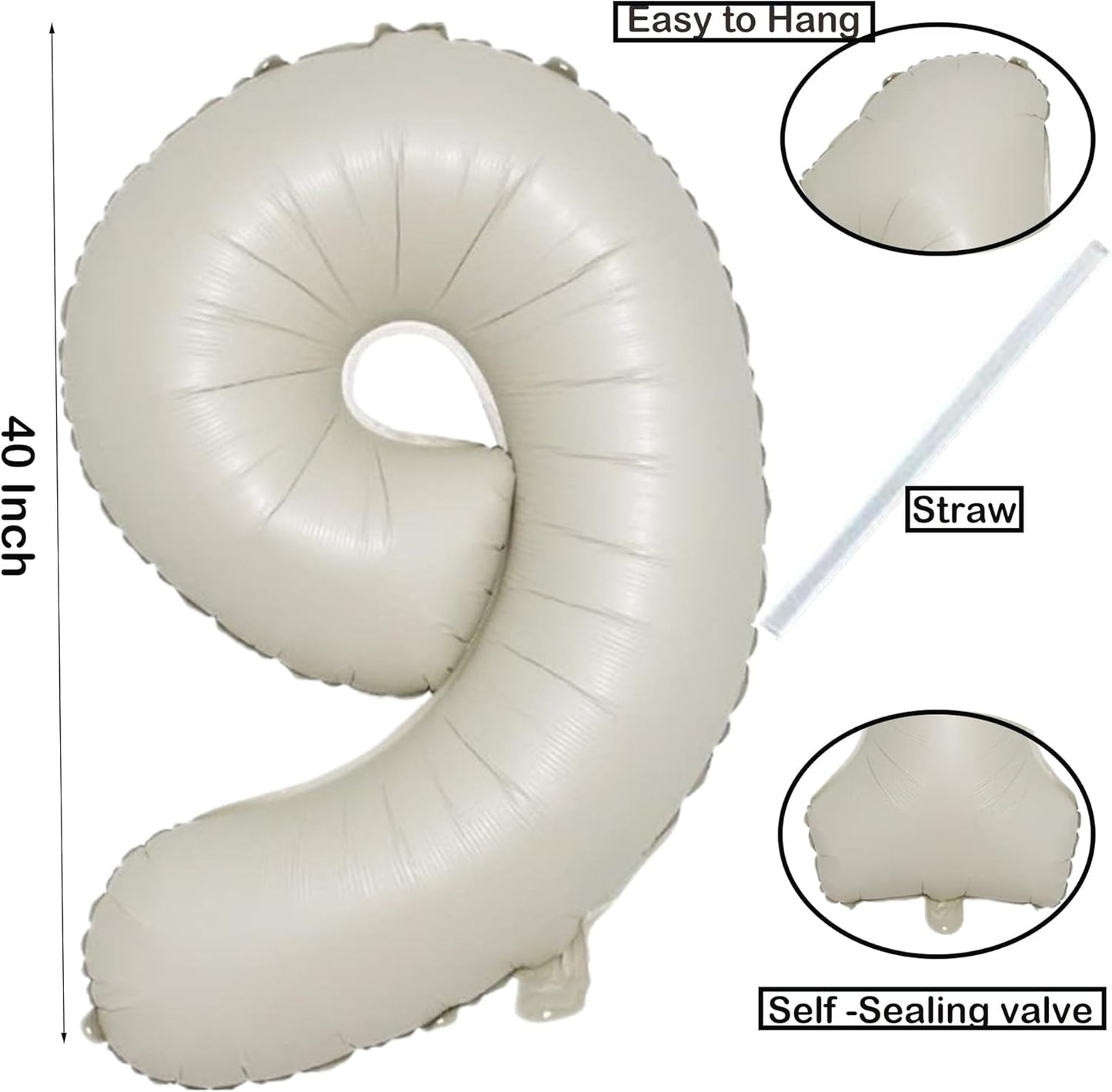 40 Inch Cream White Number 9 Balloon Mylar Big Foil Helium Number 19 29 39 49 59 69 79 89 99 Balloon for Party,Digital 9th Birthday Party Wedding Decorations, Boy Baby Shower Decorations