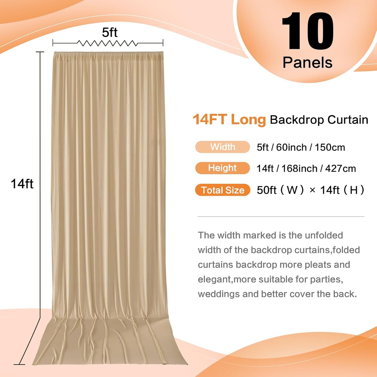 50×14 ft Wrinkle Free Beige Backdrop Curtain for Weddings Parties, 10 Panels 14ft Silky Polyester Wedding Drapes Backdrop Photo Back Drop Cloth for Birthday Baby Shower Photography Backgrounds