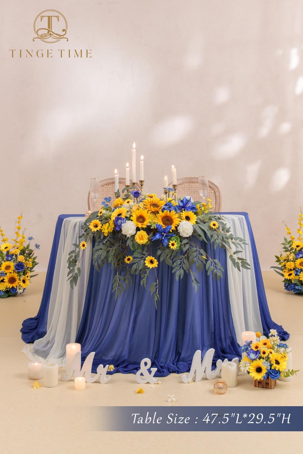 TINGE TIME Artificial Sweetheart Flower Swag with Tablecloth and Table Runner, Pack of 3 Floral Arrangement for Wedding Sweetheart Table Centerpiece Decoration Valentine's Day (Sunflower&RoyalBlue)