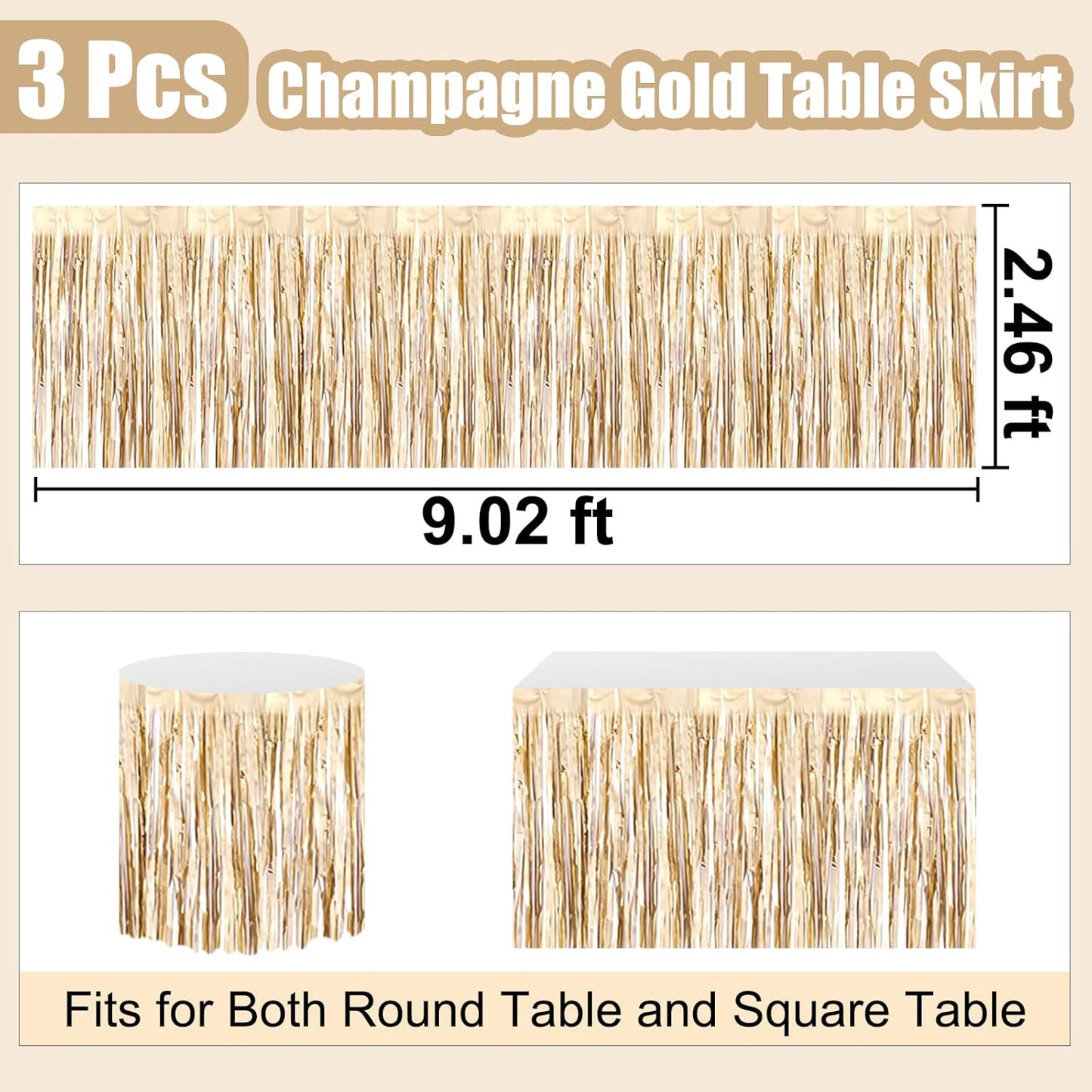 3 Pack 29 x108 Inch Champagne Gold Foil Fringe Table Skirts Metallic Banner for Tinsel Streamer Garland Backdrop for Parade Floats Wedding Thanksgiving Birthday Christmas New Year Party Decoration