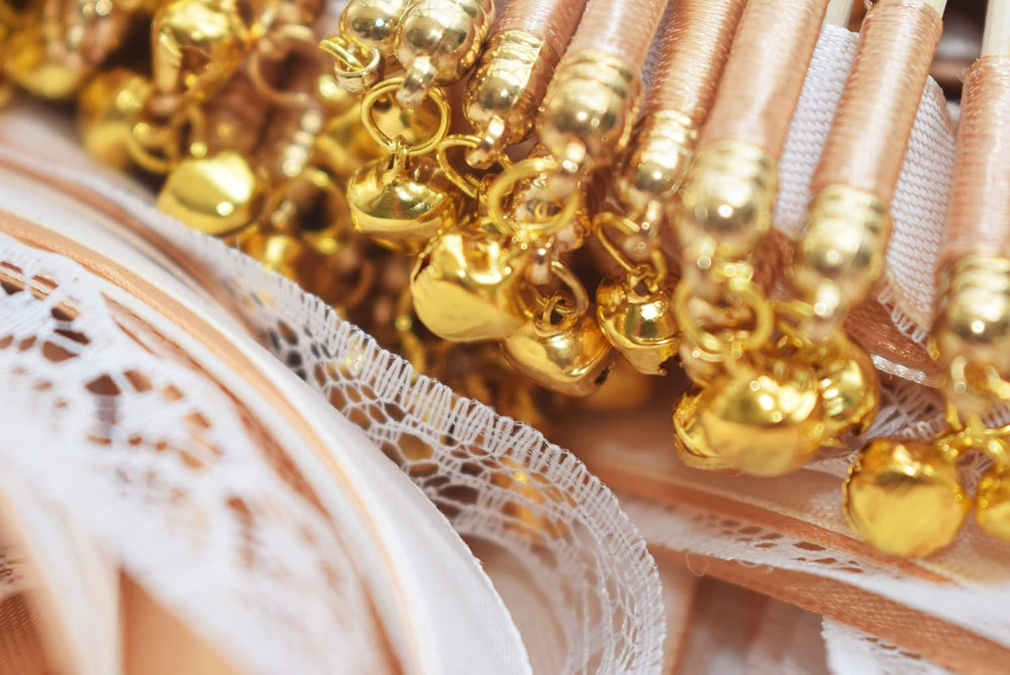 Kingsnow 100 Pieces Champagne Ribbon Wedding Wands Send Off Idea Ceremony Exit Ribbon Wedding Favor with Lace and Bell, Wedding Party Ribbon Streamers Fairy Wands Ribbon Bridal Wands