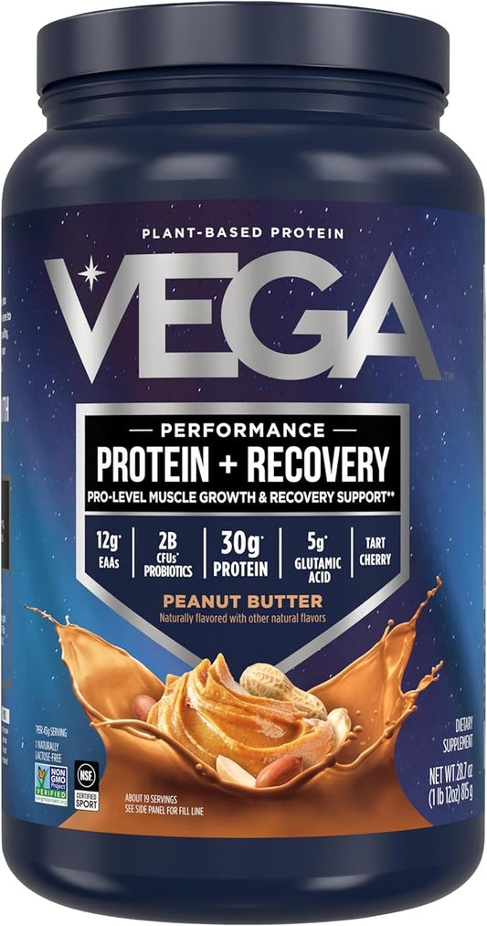 Vega Sport Vegan Protein Powder + Recovery - 30g Plant Based Protein per Serving, Peanut Butter, 19 Servings, 5g BCAAs, Probiotics, NSF Certified, For Shakes & Smoothies, 1.8lbs (Packaging May Vary)