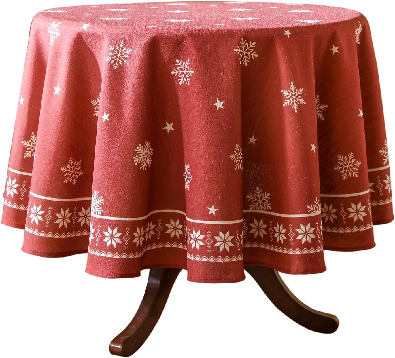 ISAENNE Designer Christmas Red Small Round Tablecloth,Linen Table Cloth with Snowflakes Pattern,Wrinkle Resistant Decor Tablecloths for Dining Kitchen Thanksgiving Christmas,Diameter 55"-Carol C