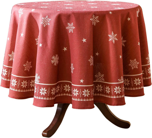 ISAENNE Designer Christmas Red Small Round Tablecloth,Linen Table Cloth with Snowflakes Pattern,Wrinkle Resistant Decor Tablecloths for Dining Kitchen Thanksgiving Christmas,Diameter 55"-Carol C