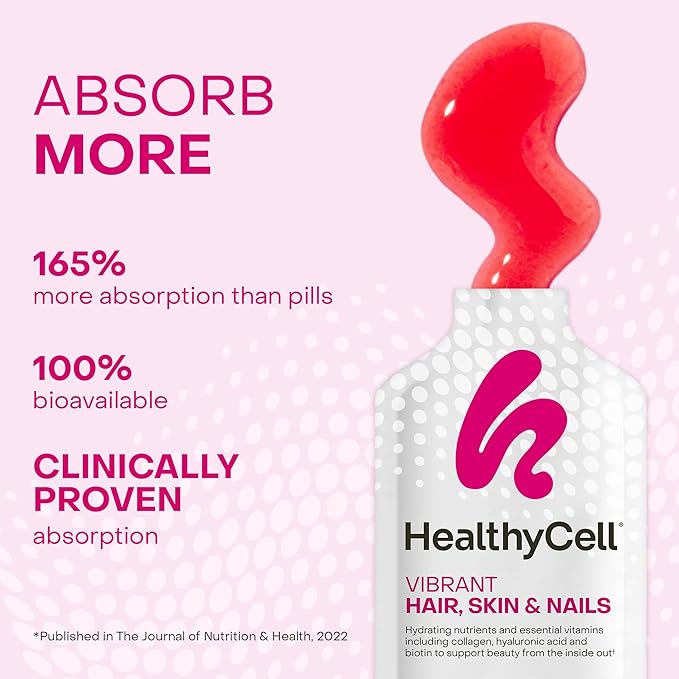 Healthycell Vibrant Hair Skin & Nails Daily Liquid Supplement - Beauty Supplements with Hydrating Nutrients & Essential Vitamins - Collagen, Biotin & Hyaluronic Acid - 30 Gel Packs
