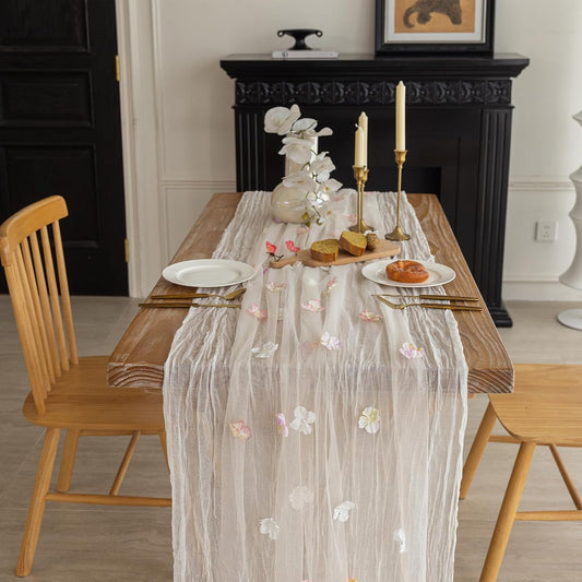 Romantic Artificial Floral Table Runner 10ft Gauze Tulle Lace Table Runner Set for Wedding Baby Shower Bridal Shower Holiday Kitchen Dining Table Decoration for Home Party Special Occasion