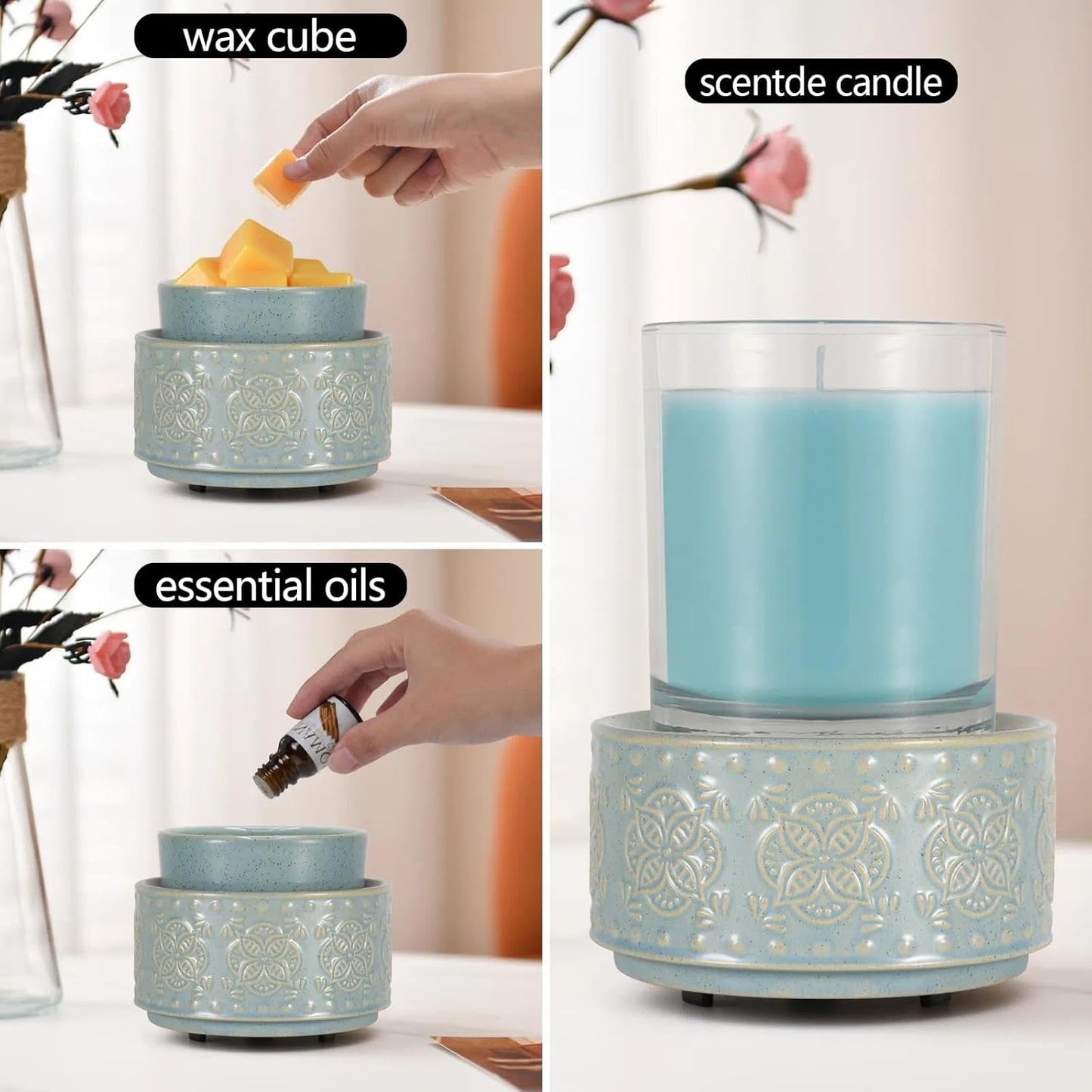 mocosa Ceramic Wax Warmer Wax Melt Warmer for Scented 3-1 Electric Candle Warmer Home Fragrance Wax Burner as Gifts for Mom Grandma Women(Light Blue-Granular)