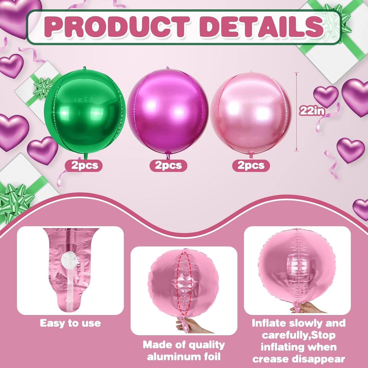 6Pcs Green Pink Round Foil Balloons,Giant 4D Round Ball Balloon,22 Inch Metallic Green Pink Balloons for Birthday Wedding Graduation Prom Party Decorations
