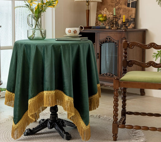 F-CHU Luxury Green Tablecloth Thickset Velvet Tablecloth with Beautiful Gold Tassels Table Cloth for Home Decor Wedding, Party, Banquet and Events 60x60-Inch