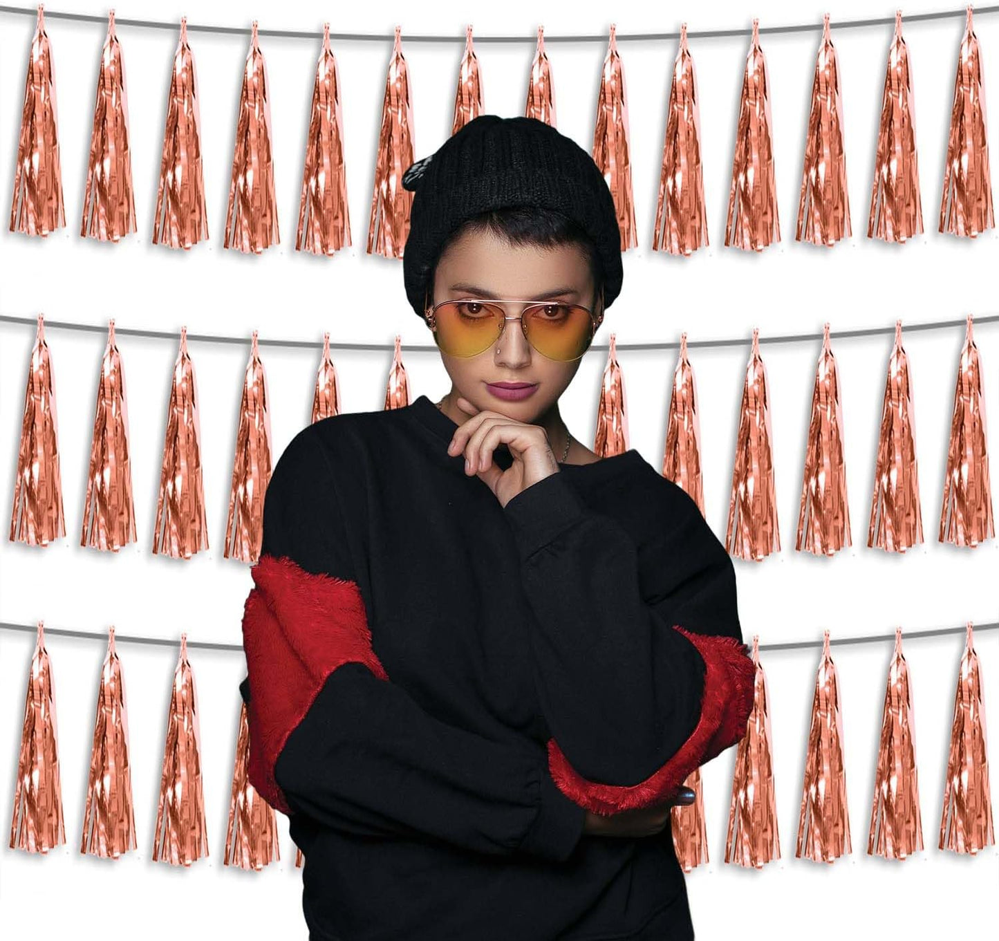 3P Metallic Fringe Tassel Banner Garland Foil Tinsel Streamer Wall Hanging Curtain Backdrop Banner for Parade Floats,Graduation Decorations, Wedding Party Decoration(Rose Gold)