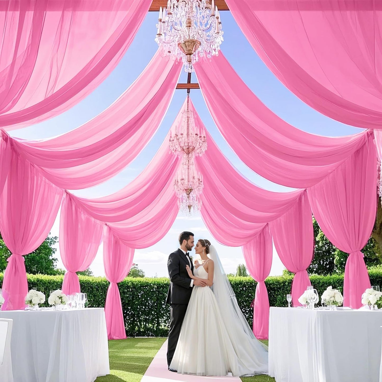 MODFUNS 4 Panels Pink Ceiling Drapes for Weddings 5x20FT Wedding Arch Draping Fabric Sheer Chiffon Curtains for Backdrop Wedding Ceiling Curtain Chiffon Fabric Drapery Wedding Stage Hall Ceiling Decor