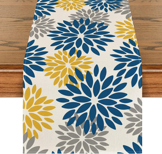 Artoid Mode Blue Dahlia Floral Pinnata Summer Table Runner, Spring Kitchen Dining Table Decoration for Home Party Decor 13x108 Inch