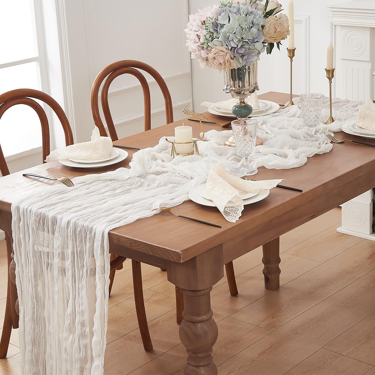 White 12 Pack Cheesecloth Table Runner 120 Inch 10 FT Boho Rustic Gauze for Wedding Baby Shower Party Farmhouse Summer Home Decor Washable