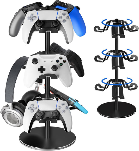 Controller Holder Stand 3 Tiers, Rotatable Gaming Headset Stand Compatible with Xbox PS5 PS4 Nintendo Switch Pro, Aluminum Headphone Organizer Rack, Desktop Gampads Holder, Black