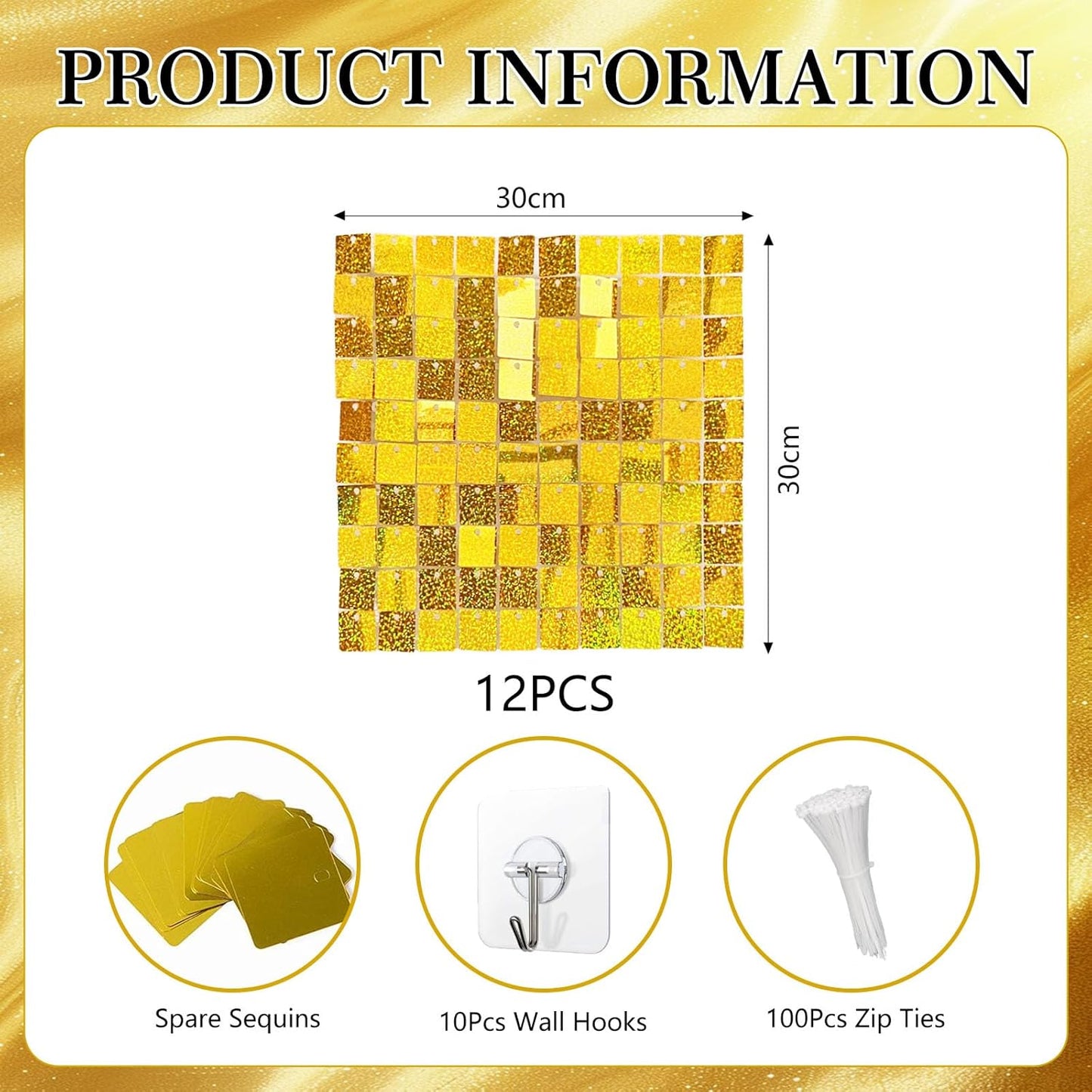 12PCS Gold Shimmer Wall Backdrop, Laser Square Sequin Photo Backdrops Panel, Glitter Wall Background for Birthdays, Weddings, Christmas, Engagements, Disco Bachelorette Party Decoration (3FTx4FT)