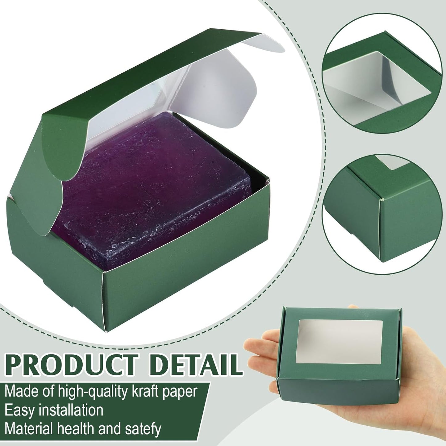 Zonon 30 Pcs Soap Boxes for Homemade Packaging, Mini Kraft Treat Boxes with Window for Bakery Candy Soap Making Gift Packaging(3.7 x 2.6 x 1.37 Inch,Green)