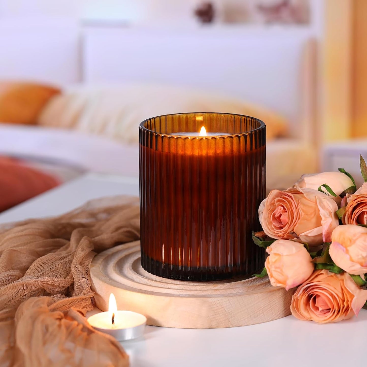 10 OZ Amber Candle Jars for Making Candles Set of 8, Ribbed Glass Candle Jars with Wood Lids and Labels, Candle Containers for DIY, Gifts, Home Decoration