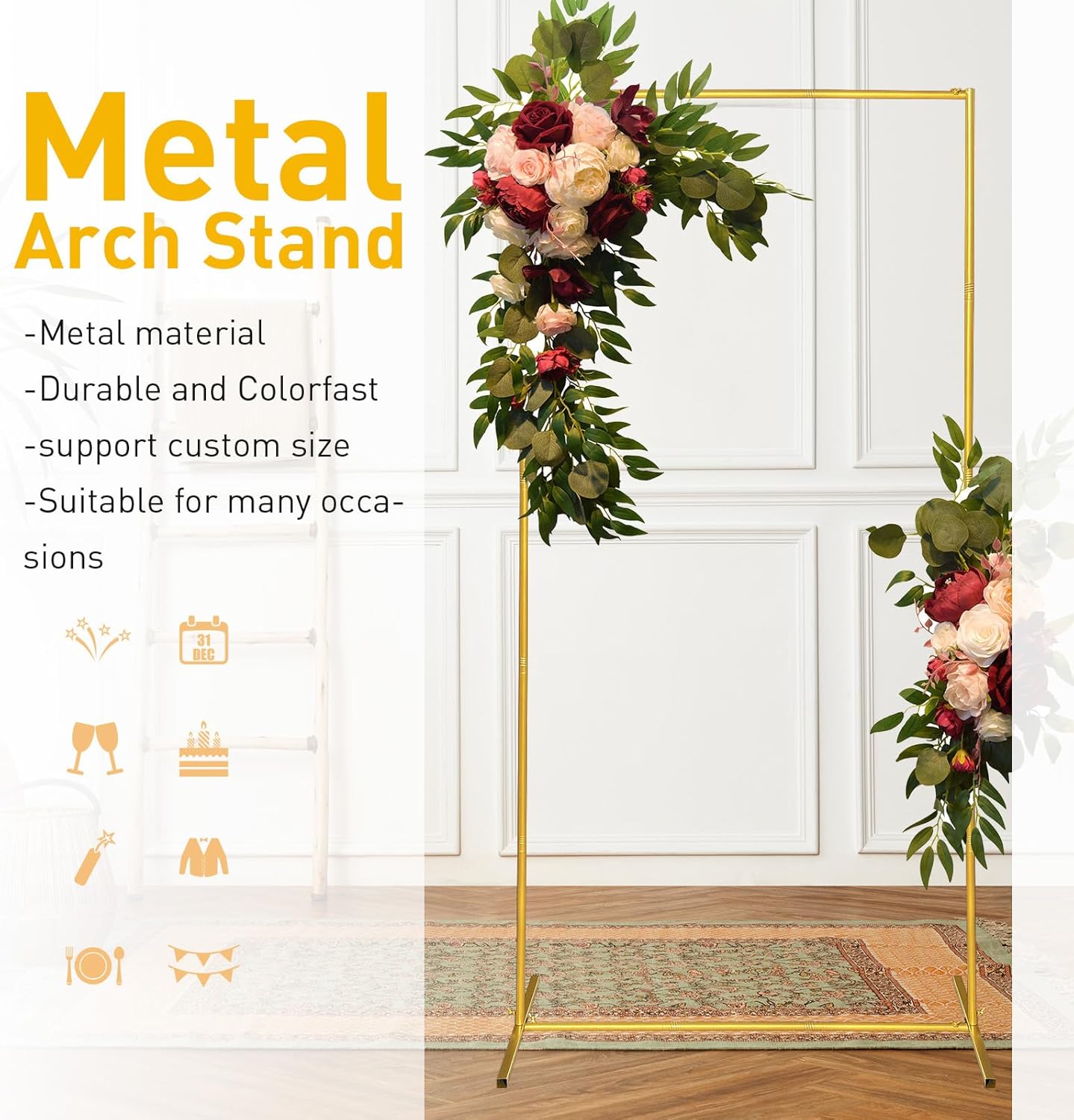 Metal Wedding Arch Backdrop Stand 6.6x3.3 FT Gold Square Balloon Arch Frame for Wedding, Birthday Party, Baby Shower Ceremony Decoration