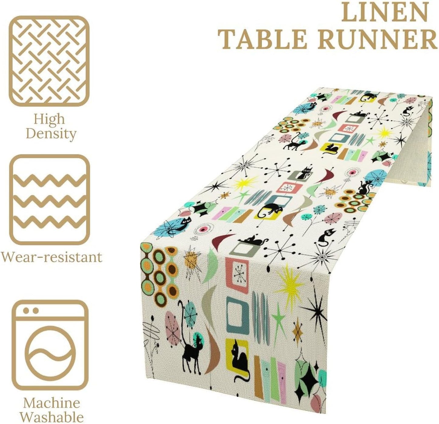 Colorful Geometric Table Runner,Vintage Mid Century Cute Cat Abstract Morden Print Tablecloth Burlap for Hotel Indoors Outdoor Dining Room Kitchen Home Decor, 13x80in