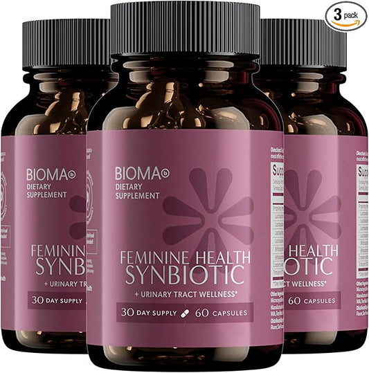 BIOMA Feminine Health Synbiotic - Women's Health Supplement for Healthy Vaginal pH, Urinary Tract & Digestive Support - with Probiotics, Cranberry & Tributyrin - 180 Capsules (3 Pack, 90-Day Supply)