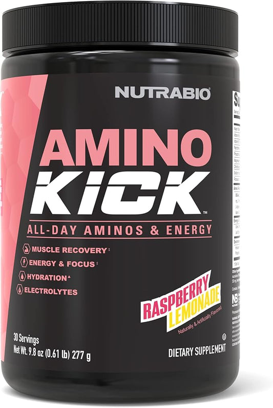 NutraBio Amino Kick – BCAA Powder with Natural Caffeine – Amino Acids Supplement for Energy, Hydration & Recovery – BCAAs, Electrolytes & Amino Acids – Raspberry Lemonade, 30 Servings