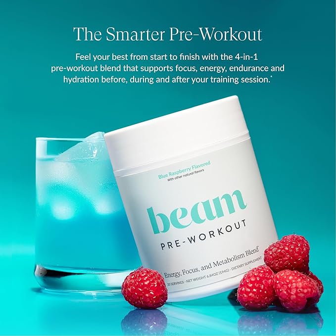 Beam Pre Workout Powder for Energy, Focus & Endurance – Natural Caffeine from PurCaf, Cognizin, Electrolytes, L-Citrulline, Beta-Alanine, L-Theanine – No Crash, Jitter-Free, 20 Servings