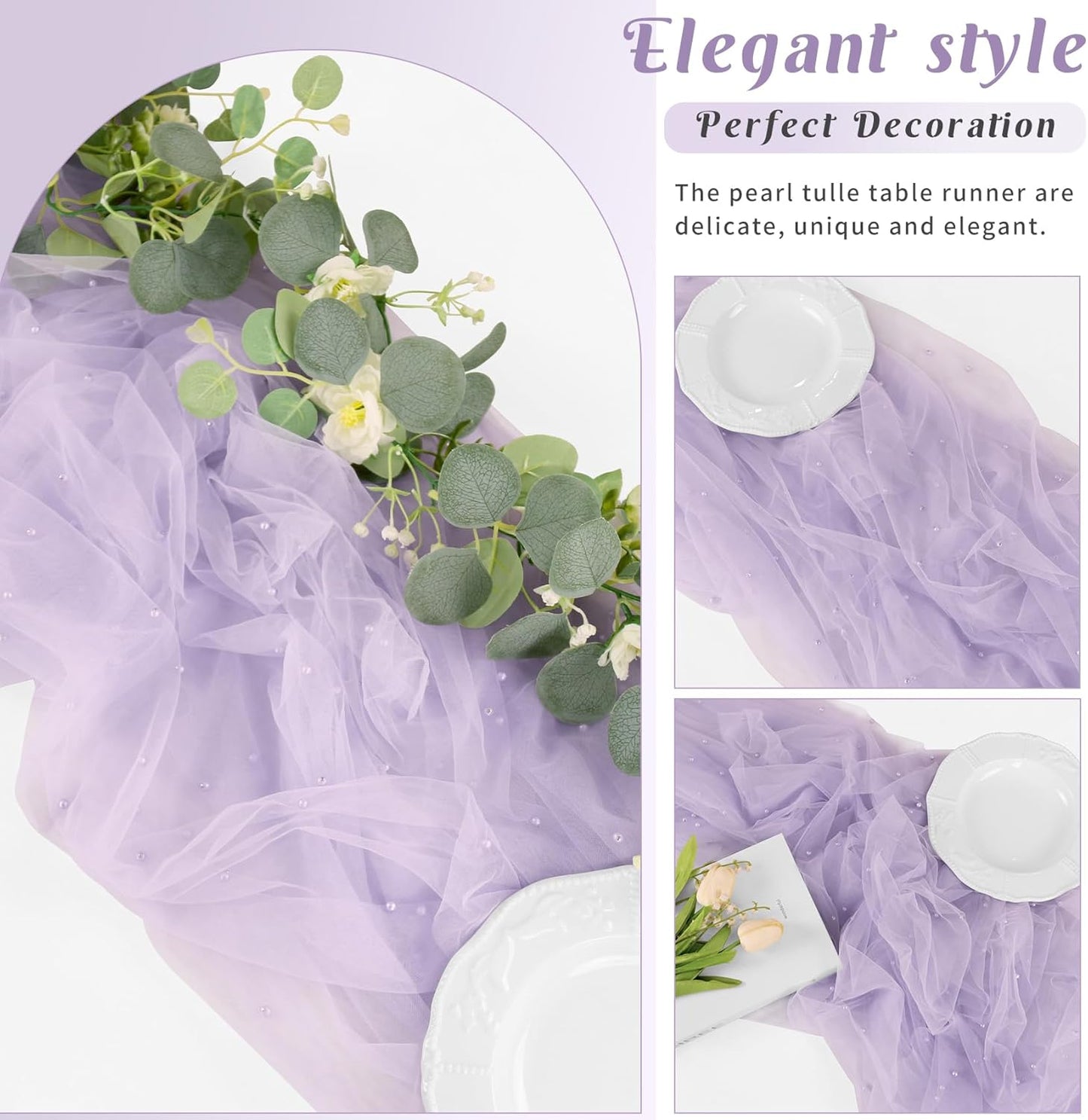 Set of 6 Pearl Table Runner 29 x 120 Inch Tulle Fabric Lace Table Runners Boho Rustic Tablecloth for Bridal Shower Birthday Party Wedding Arch Aisle Veil Dessert Table Decor(Light Purple)