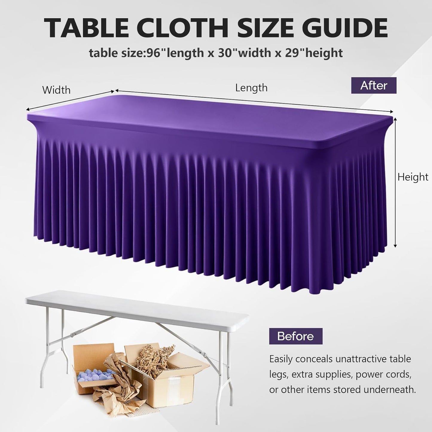 Wish Care 2 Pack Dark Purple Spandex Table Clothes for 8 Foot Rectangle Tables, 8FT Wrinkle Free Fitted Tablecloths Ruffles Design Table Cover for Party, Banquet, Wedding and Events