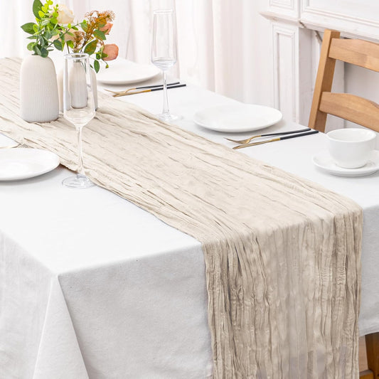 2 Pcs Begie Cheesecloth Table Runner - 120 inch 10FT Boho Rustic Gauze Cheese Cloth Table Runner Decor for Spring Summer Party Wedding Birthday Baby Bridal Shower Home