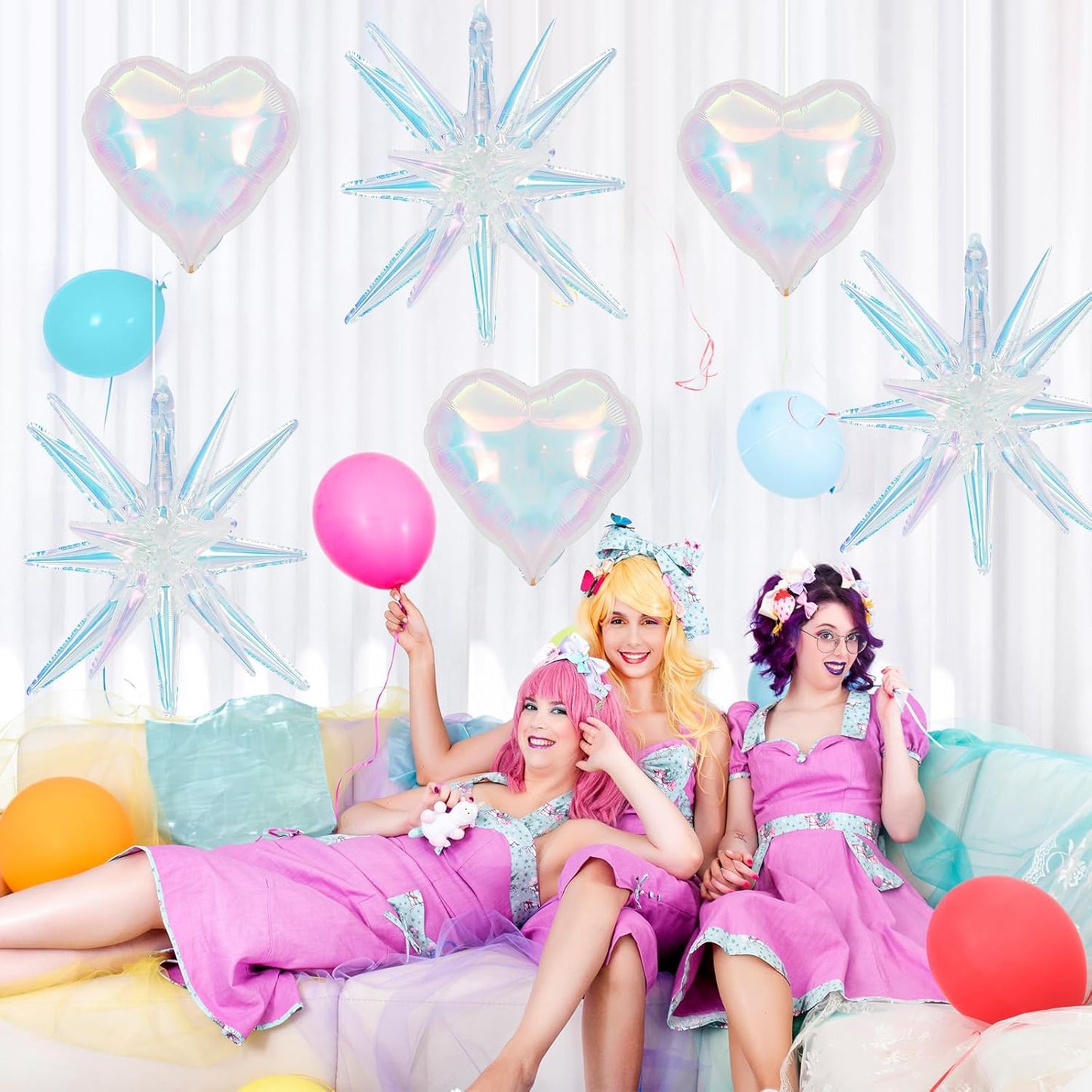 6Pcs Iridescent Foil Balloons, 22" 18" Heart Explosion Star Iridescent Balloons Large Holographic Clear Foil Balloon for Birthday Baby Shower Mermaid Rainbow Wedding Party Supplies