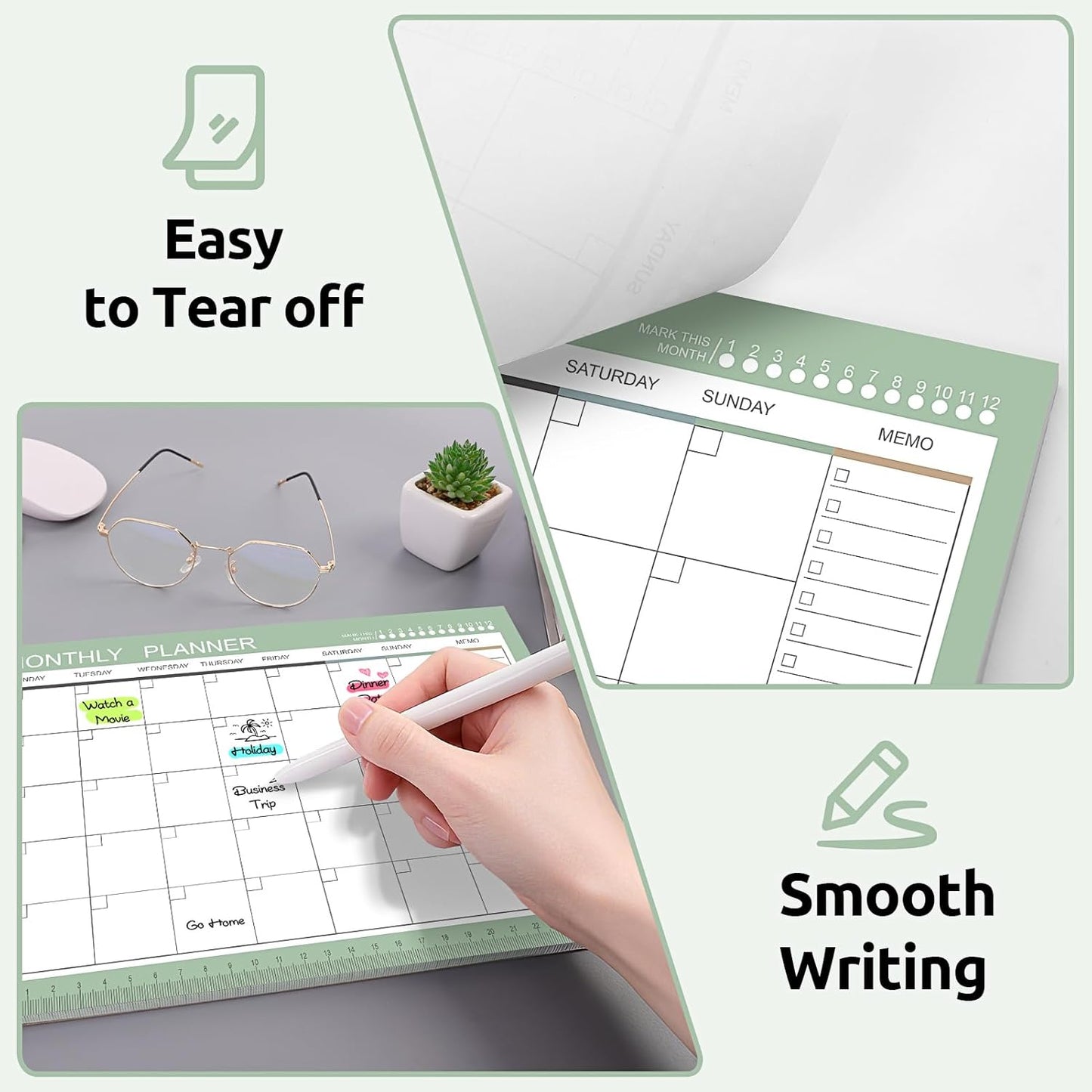 Phyxin Undated Planner, 54 Sheets Blank Calendar, 11.2" x 8.3" Monthly Calendar Planner, Tear Off Undated Monthly Planner with Memo for Women, Students, Teachers, Morandi Green