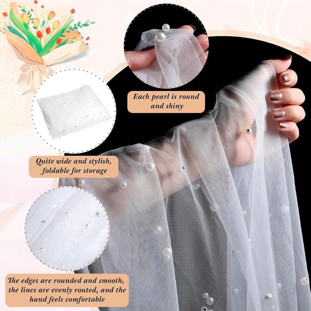 EHLDekol Pearl Table Cloth Elegant Polyester Table Runner with Artificial Pearl Accents Extra Long 10 ft 60 x 120 Inches Pearl Tulle Table Runner for Wedding (60inch Width, White, 1 Piece)