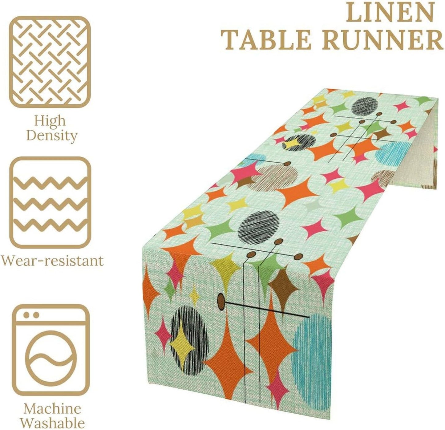 Mid Century Table Runner,Abstract Retro Modern Geometric Colorful Stripe Pattern Print Tablecloth Burlap for Hotel Indoors Outdoor Dining Room Kitchen Holiday Party, 13x90in