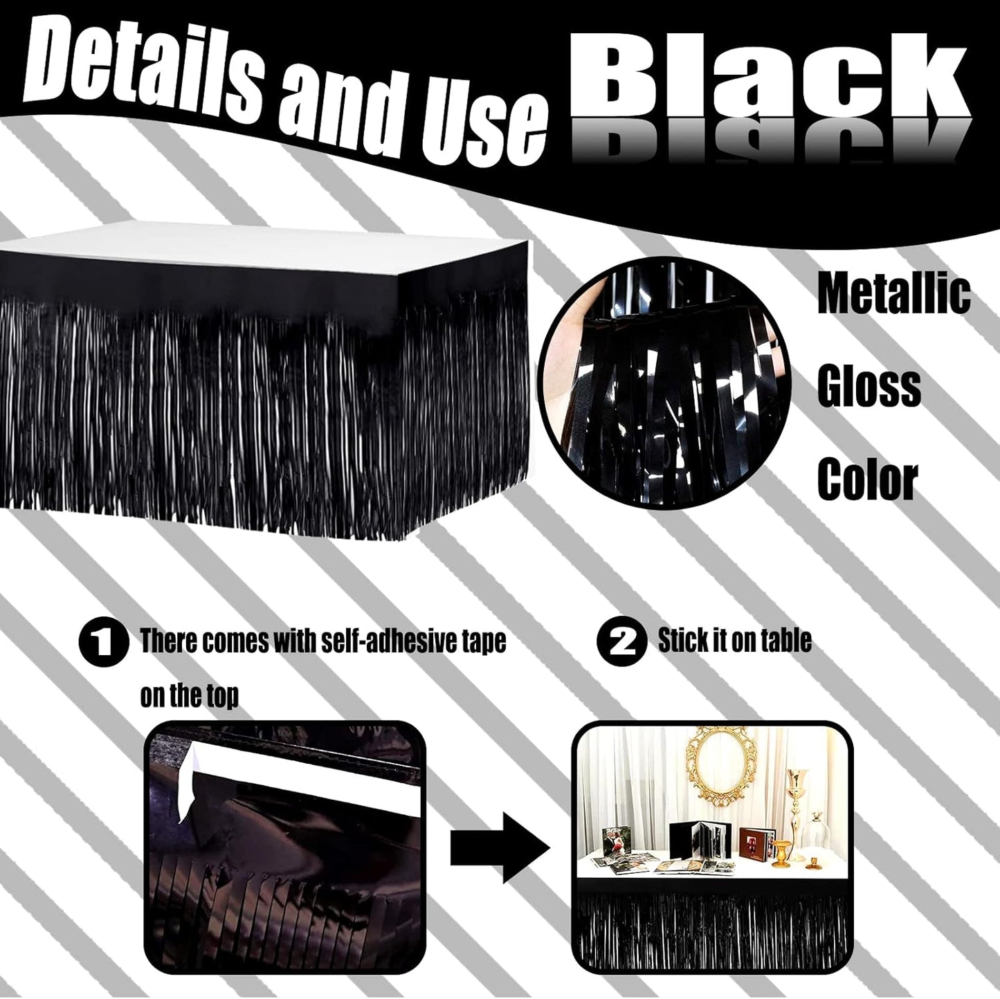 4 Pack 29x108 Inch Metallic Foil Fringe Tinsel Table Skirts for Rectangle Tables Streamer Curtains Backdrop for Halloween, Birthday, Parade Floats, Christmas Party Supplies(Black)