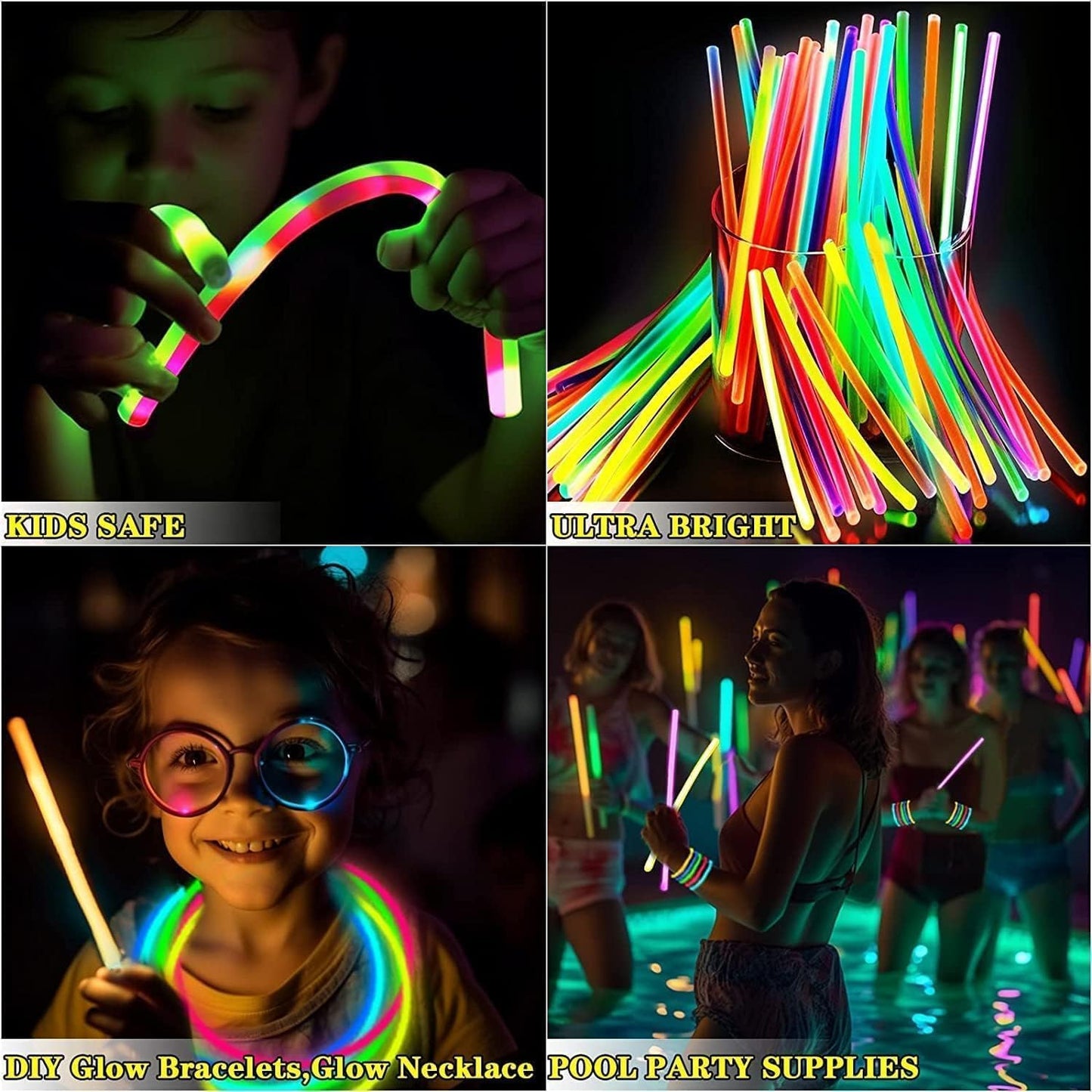 TURNMEON 100 Pack Ultra Bright Glow Sticks Bulk Party Pack Glow In The Dark Party Supplies Glow Sticks Necklaces Bracelets with Connectors 8" Glow stick Light Up Toy Birthday Wedding Pool Halloween