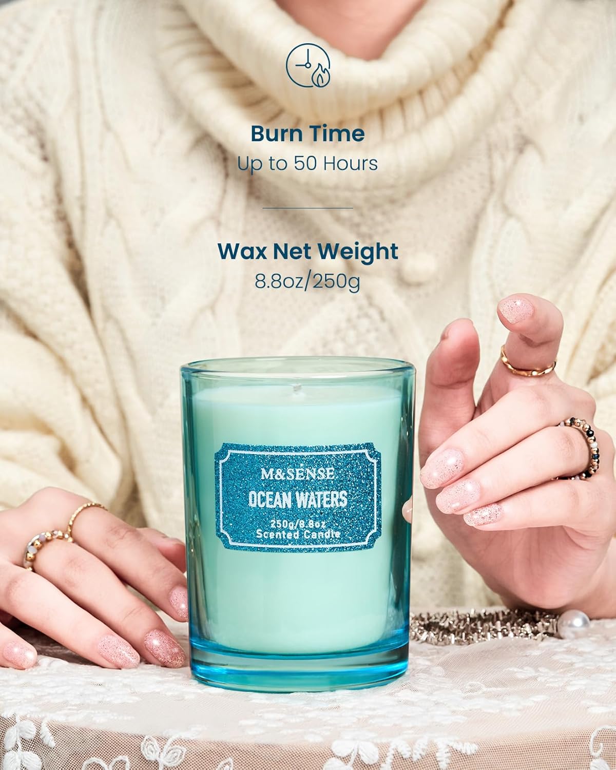 M&SENSE Ocean Scented Glitter Jar Candles, Holiday Gifts for Women - Strong Scented Natural Soy Candle for Winter Home Decor, 50 Hour Burn Time