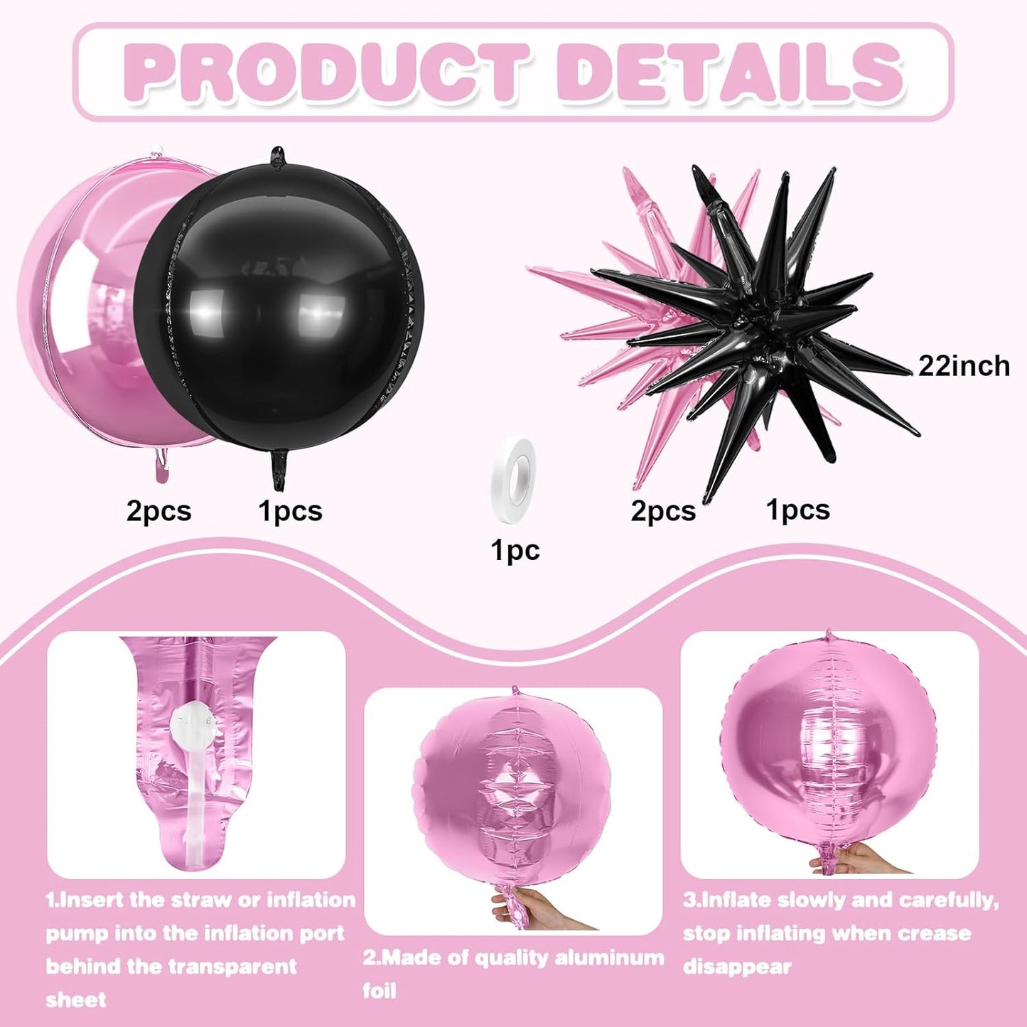 6Pcs Pink Black Foil Balloons,22Inch Black and Pink 4D Round Ball Balloon and Explosion Star Balloon for Birthday Wedding Baby Shower Anniversary Party Party Decorations