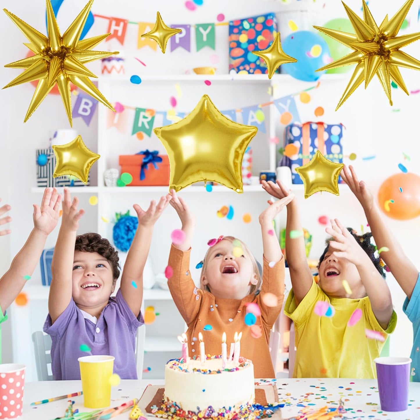 16 Pcs Gold Star Balloons, 22/18/10 Inch Foil Balloons, Four-Pointed Balloon for Kids Birthday Graduation Celebration Wedding Baby Shower 16 Pcs Decorations