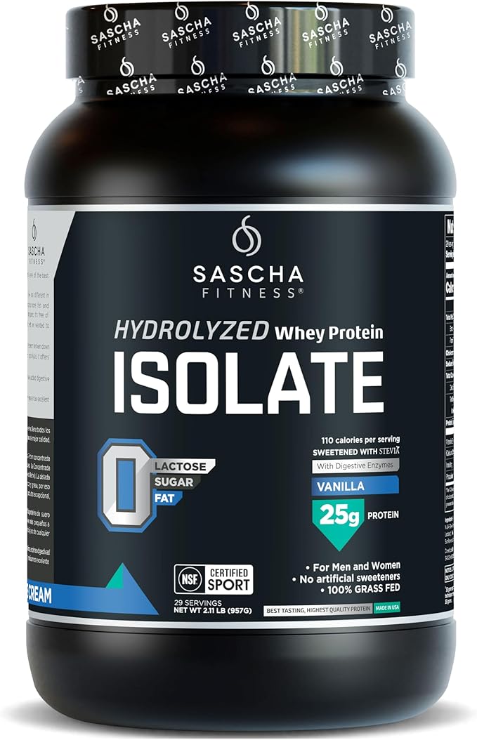 SASCHA FITNESS Hydrolyzed Whey Protein Isolate,100% Grass-Fed (2 Pounds, Vanilla)