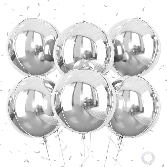 Giant 4D Foil Balloons, 6Pcs Large Metallic Silver Round Balloons, 22 Inch Big Round Foil Balloon for Silver Birthday Party Baby Shower Wedding Decorations