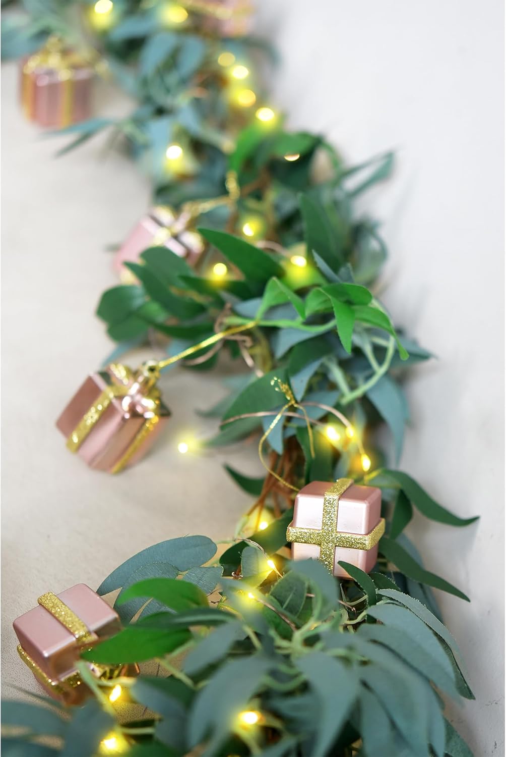 Artificial Willow Garland with USB Fairy String Lights & Pink Gift Box Ornaments – 2-Pack Lighted Greenery Vine, with Remote for Mantels, Weddings, Fireplace, Holidays, Parties & Everyday Home Decor