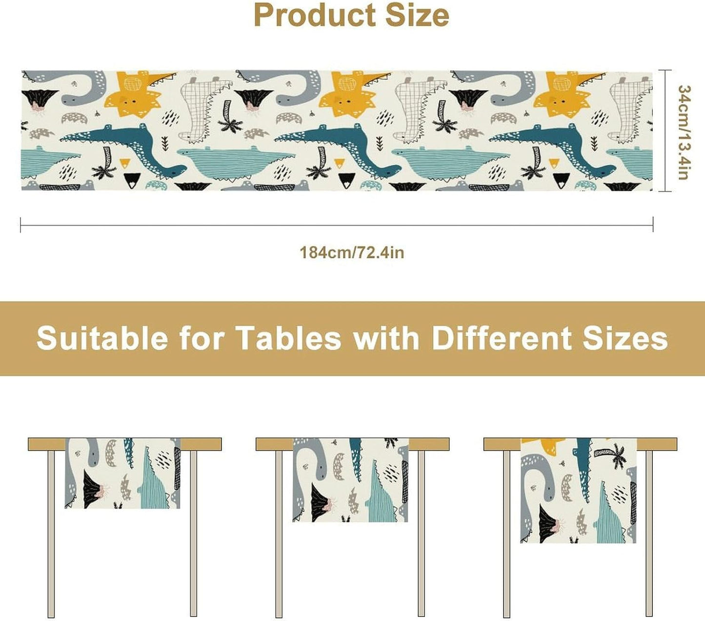 Cartoon Dinosaur Table Runner,Kids Boys Cute Various Dino Moutain Modern Abstract Print Tablecloth Burlap for Hotel Indoors Outdoor Dining Room Kitchen Holiday Party, 13x90in